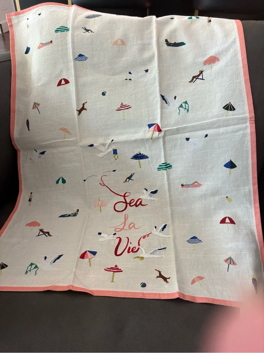 Anthropologie Sea La Vie Embroidered kitchen towel White with Multicolor Motifs